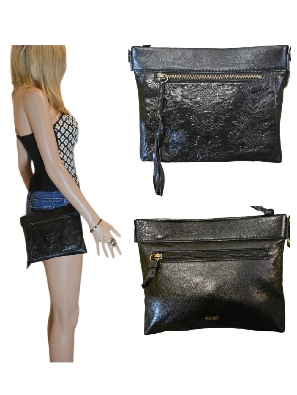 The Sak Sanibel Mini Crossbody Bag Black Floral Embossed Leather EUC